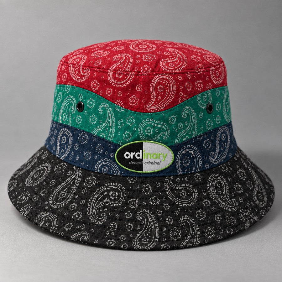ODC paisley bucket hat, red, green, navy and black bands